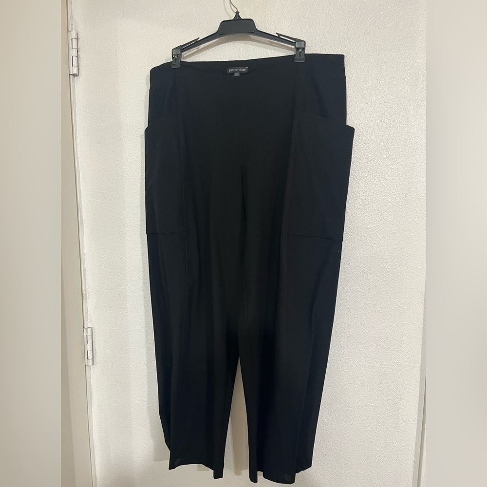 Eileen Fisher black pants button up seam optional Sz L side pockets boho hobo